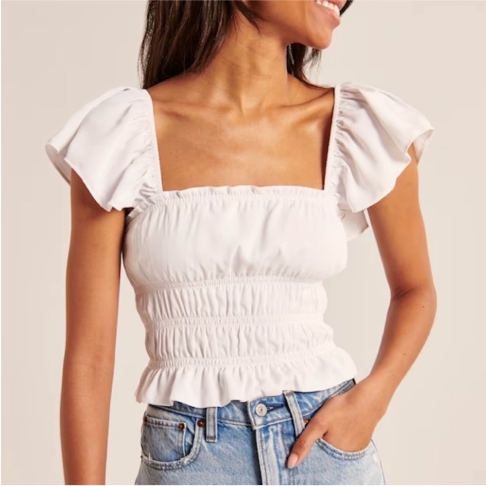 Abercrombie and Fitch Flutter Sleeve Smocked Top Crop Tank Brown Rust M Flowy - Picture 2 of 7